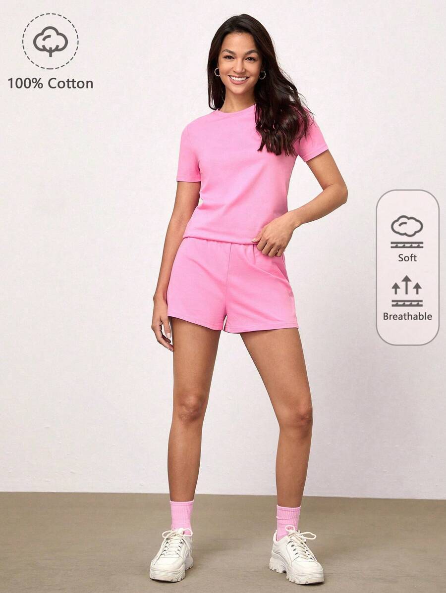 SHEIN BASICS Solid Round Neck Short Sleeve Tee & Shorts