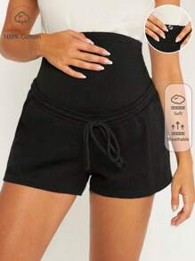 SHEIN Thai sản Lông cừu Eo dây rút Cuộn lên Hem Quần short - màu đen - Xem 1