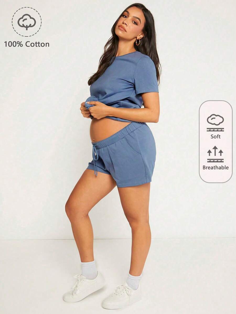 SHEIN Maternity  Solid Tee & Shorts Set - Dusty Blue - View 1
