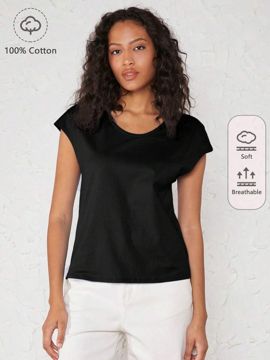 SHEIN BASICS 純色蝙蝠袖t恤 - 黑色 - 查看 1
