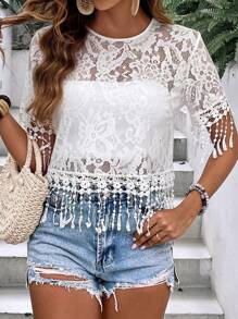 SHEIN VCAY Viền rìa Ren Áo Không có áo Top Cami - trắng - Xem 5