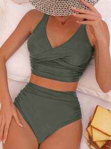 Swim Basics Summer Beach Plain Ruched High Waisted Bikini - Army Green - View 1