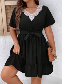 SHEIN LUNE Plus Robe Ceinturée En Dentelle À Volants