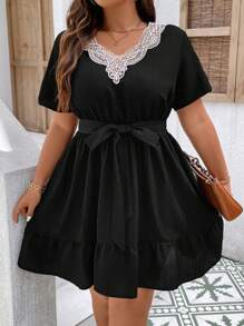 SHEIN LUNE Plus Robe Ceinturée En Dentelle À Volants