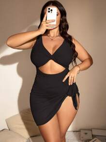 SHEIN Swim Curve 大碼鏤空連體泳衣附沙灘裙