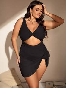 SHEIN Swim Curve 大碼鏤空連體泳衣附沙灘裙