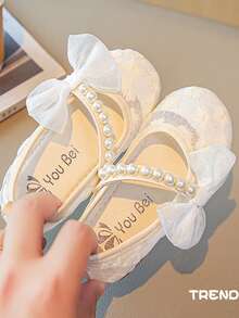 Girls Bow & Faux Pearl Decor Mesh Fashion Mary Jane Flats For Outdoor - Beige - View 2