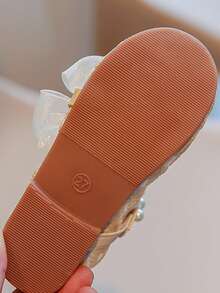 Girls Bow & Faux Pearl Decor Mesh Fashion Mary Jane Flats For Outdoor - Beige - View 3