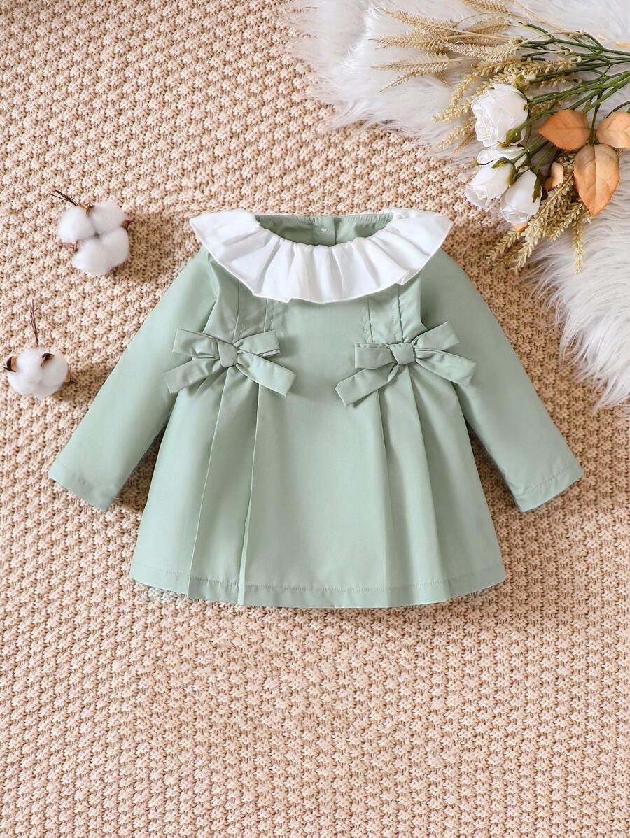 SHEIN 嬰兒女嬰荷葉邊前蝴蝶結連衣裙 - 綠色 - 查看 1