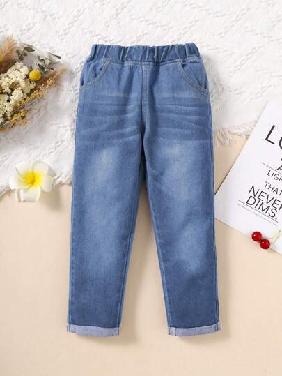 SHEIN Vintaside Kids 1件装 女童休闲日常学院风水洗蓝色直筒牛仔裤