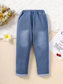 SHEIN Vintaside Kids 1件装 女童休闲日常学院风水洗蓝色直筒牛仔裤 - 中等水洗藍 - 查看 2