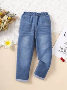 SHEIN Vintaside Kids 1件装 女童休闲日常学院风水洗蓝色直筒牛仔裤 - 中等水洗藍 - 查看 4