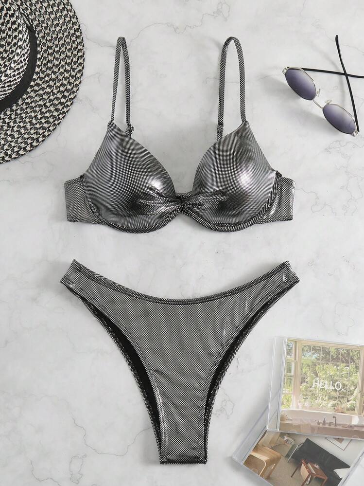 Metallic Underwire Bikini Set For Summer Beach - Black - View 6