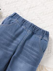 SHEIN Vintaside Kids 1件装 女童休闲日常学院风水洗蓝色直筒牛仔裤 - 中等水洗藍 - 查看 5