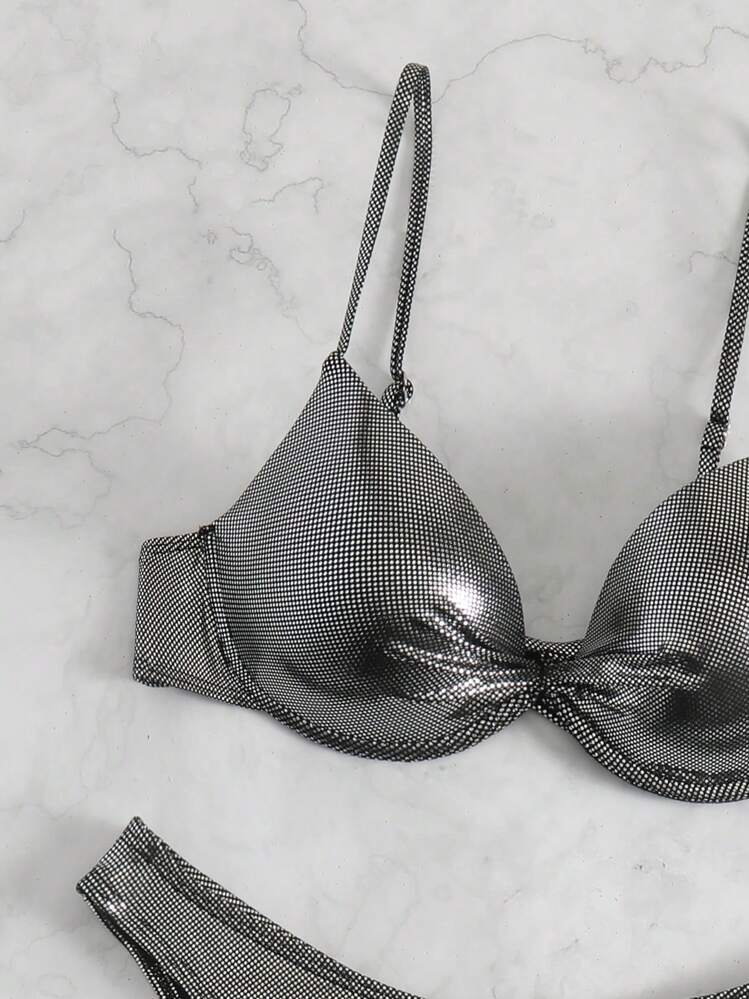 Metallic Underwire Bikini Set For Summer Beach - Black - View 7