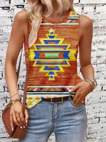 幾何印花背心上衣 - 亮橙色 - 查看 3