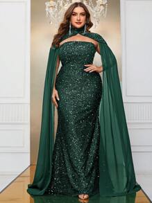 YISIKADO 大碼亮片抹胸派對禮服帶披肩 - 墨綠色 - 查看 2