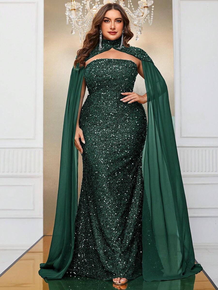 YISIKADO 大碼亮片抹胸派對禮服帶披肩