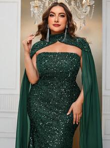 YISIKADO 大碼亮片抹胸派對禮服帶披肩 - 墨綠色 - 查看 4