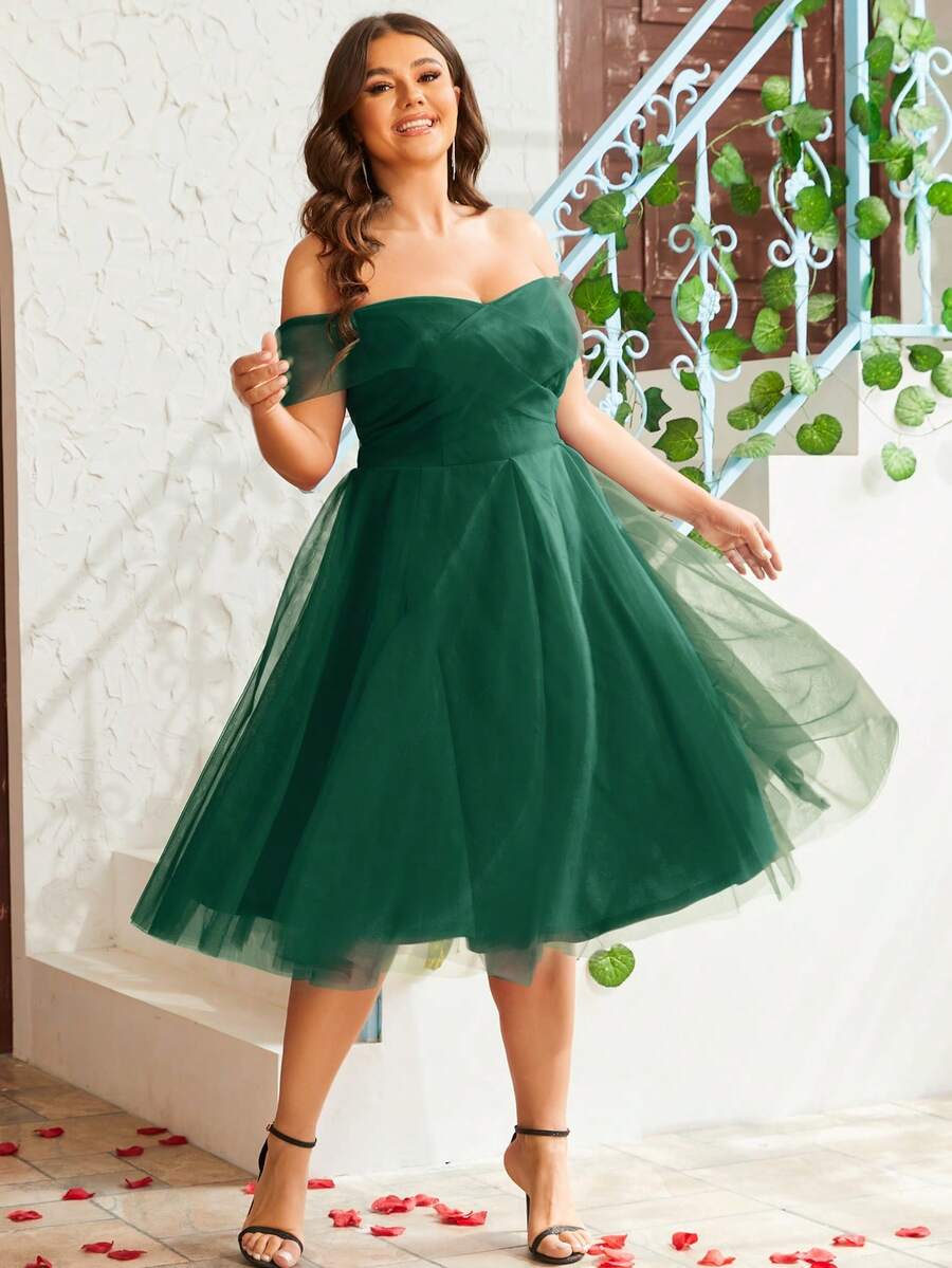 Plus Off Shoulder Wrap Cross Mesh Dress - Dark Green - View 1