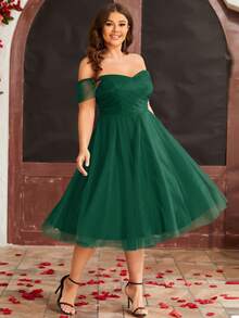 Plus Off Shoulder Wrap Cross Mesh Dress - Dark Green - View 4