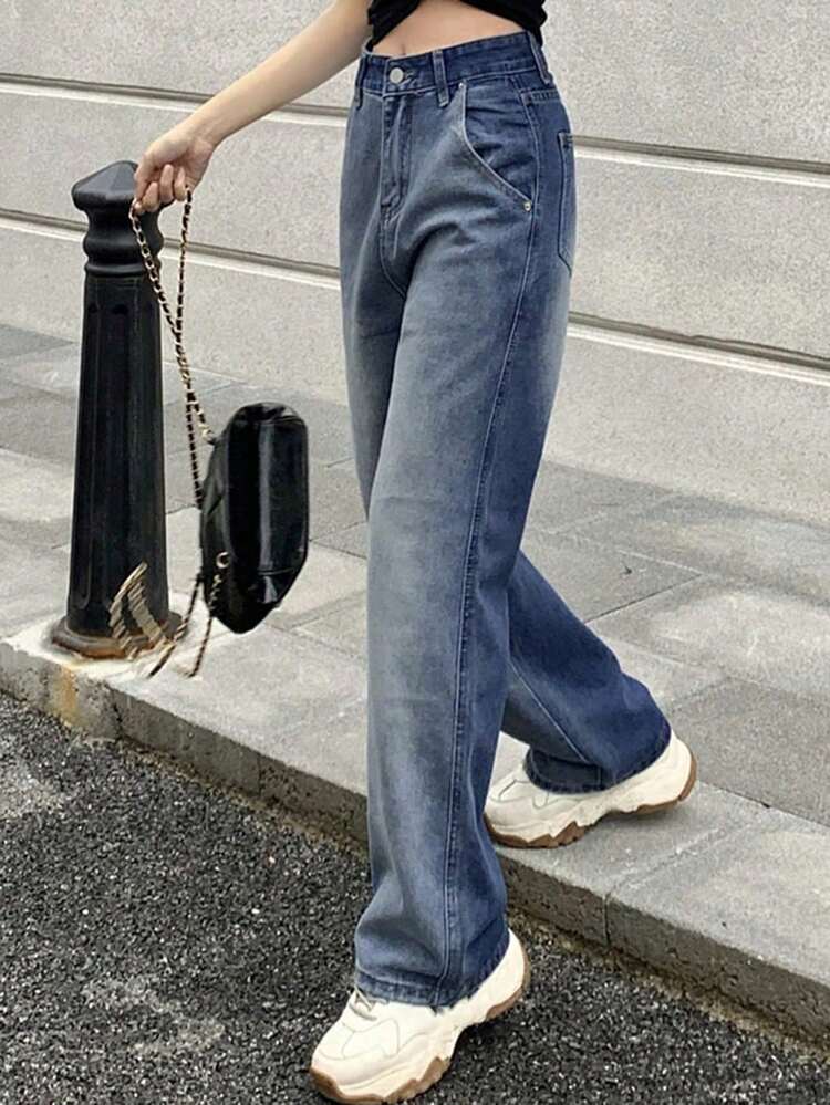 Washed High Waist Wide Leg Jeans - Medium Wash - View 3