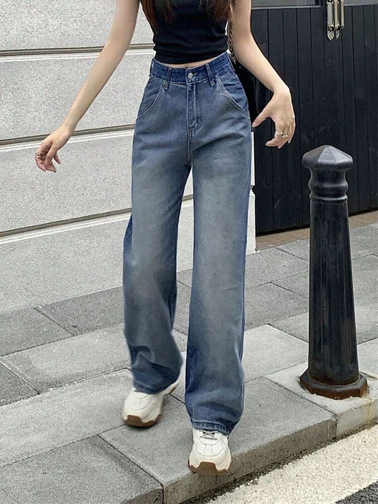 Washed High Waist Wide Leg Jeans - Medium Wash - View 4