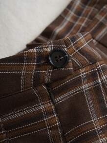 SHEIN EZwear 格子印花褶皱裙，女士休闲纽扣、褶皱、拉链迷你紧身自然多色格子女裙，春夏，休闲日常穿着