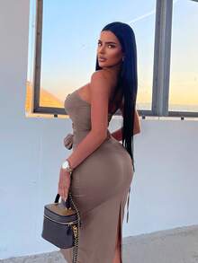 素色胸部褶皺後背繫帶掛脖連衣裙 - 摩卡棕 - 查看 2