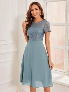 Contrast Lace A-line Dress - Dusty Blue - View 3