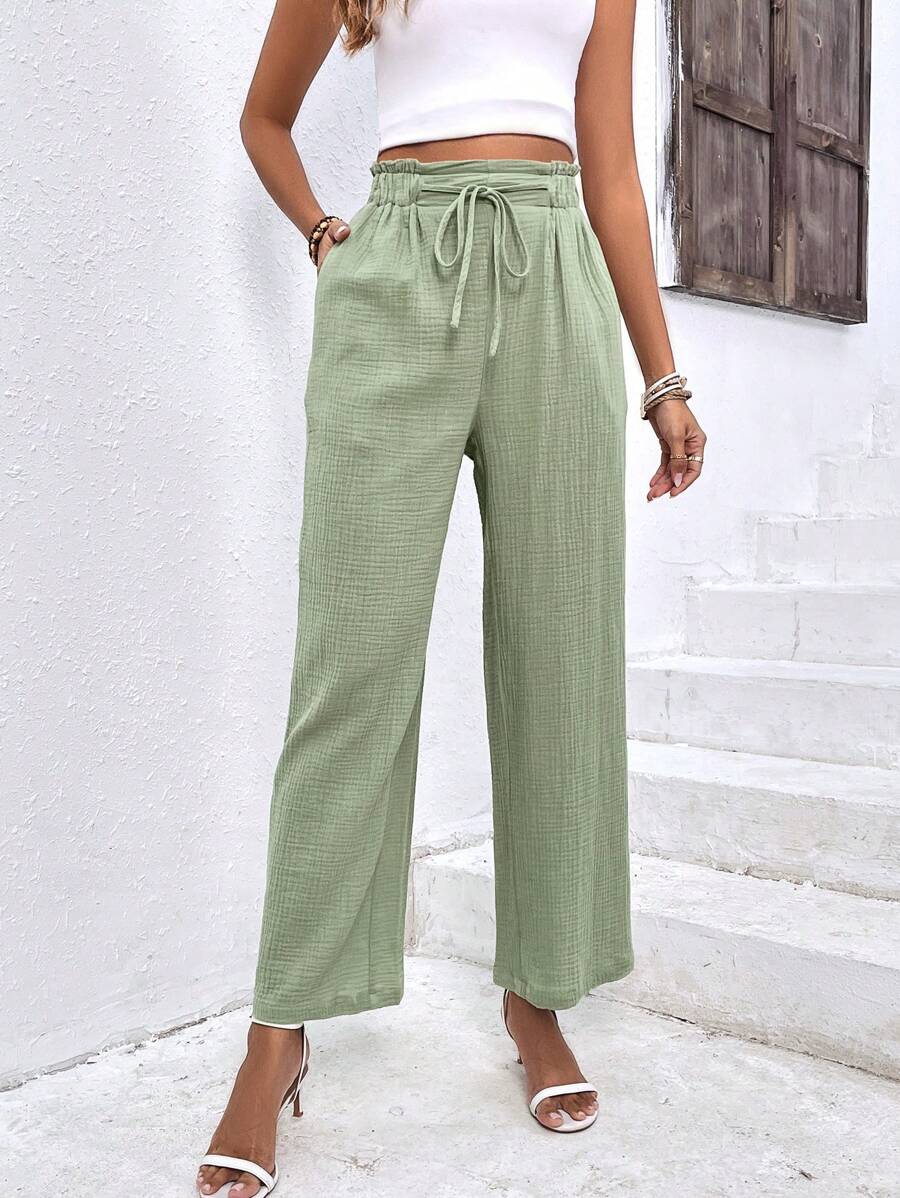 SHEIN Frenchy Chất rắn Eo dây rút Túi nghiêng Quần - màu xanh lá - Xem 1