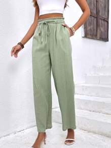 SHEIN Frenchy Chất rắn Eo dây rút Túi nghiêng Quần - màu xanh lá - Xem 3