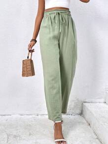 SHEIN Frenchy Chất rắn Eo dây rút Túi nghiêng Quần - màu xanh lá - Xem 4