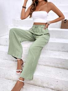 SHEIN Frenchy Chất rắn Eo dây rút Túi nghiêng Quần - màu xanh lá - Xem 5