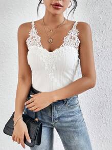 SHEIN Frenchy 拼接水溶蕾絲吊帶上衣 - 白色 - 查看 4