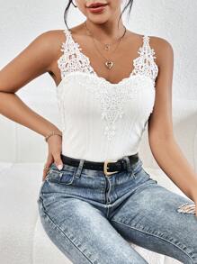 SHEIN Frenchy 拼接水溶蕾絲吊帶上衣 - 白色 - 查看 5