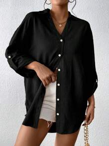 SHEIN Essnce Roll Tab Sleeve Button Front Shirt - Black - View 1