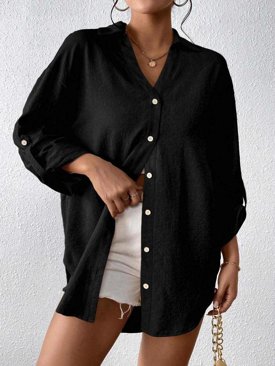 SHEIN Essnce Roll Tab Sleeve Button Front Shirt - Black - View 1