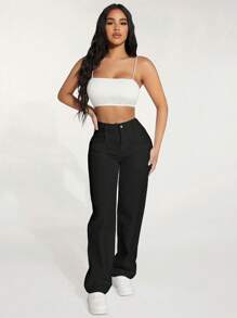 SHEIN PETITE 素色直筒牛仔褲 - 黑色 - 查看 4