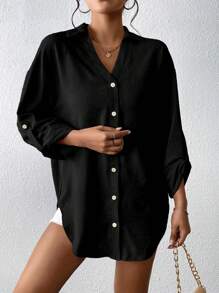 SHEIN Essnce Roll Tab Sleeve Button Front Shirt - Black - View 5