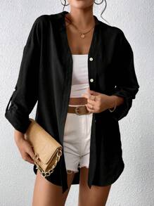 SHEIN Essnce Roll Tab Sleeve Button Front Shirt - Black - View 6