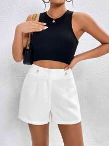 SHEIN Essnce Solid Plicated Detail Shorts - White - View 1