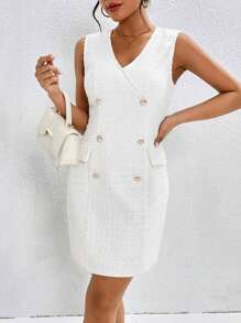 SHEIN Privé Double Breasted Tweed Dress - White - View 4
