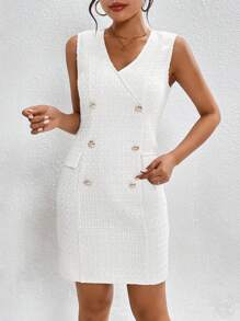 SHEIN Privé Double Breasted Tweed Dress - White - View 5