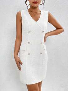 SHEIN Privé Double Breasted Tweed Dress - White - View 6