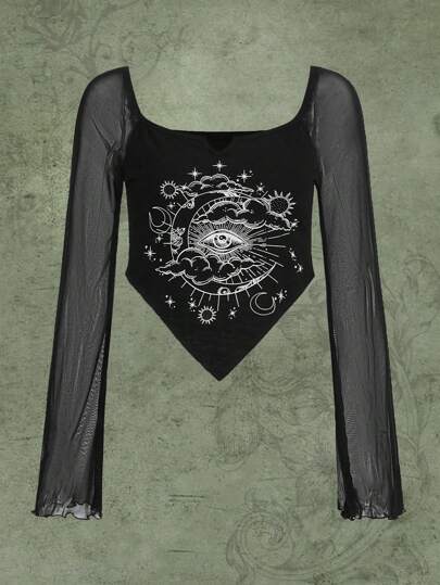 Fairycore Top con estampado de galaxia bajo hanky de malla