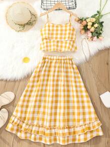 SHEIN Tween Girl Gingham Print Ruffle Hem Cami Top & Skirt - Yellow - View 2