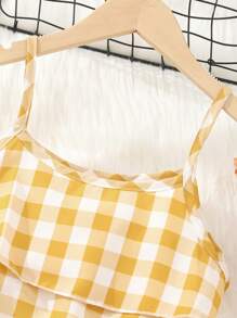 SHEIN Tween Girl Gingham Print Ruffle Hem Cami Top & Skirt - Yellow - View 3
