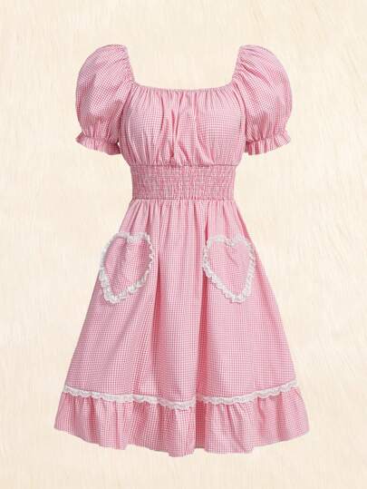 Kawaii فستان بنمط الحليب الجامي المخطط يتميز بأكمام فوف وحاشية مكشكشة