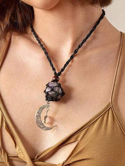 Fairycore 1pc Boho Zinc Alloy Moon & Stone Charm Necklace For Women For Daily Decoration